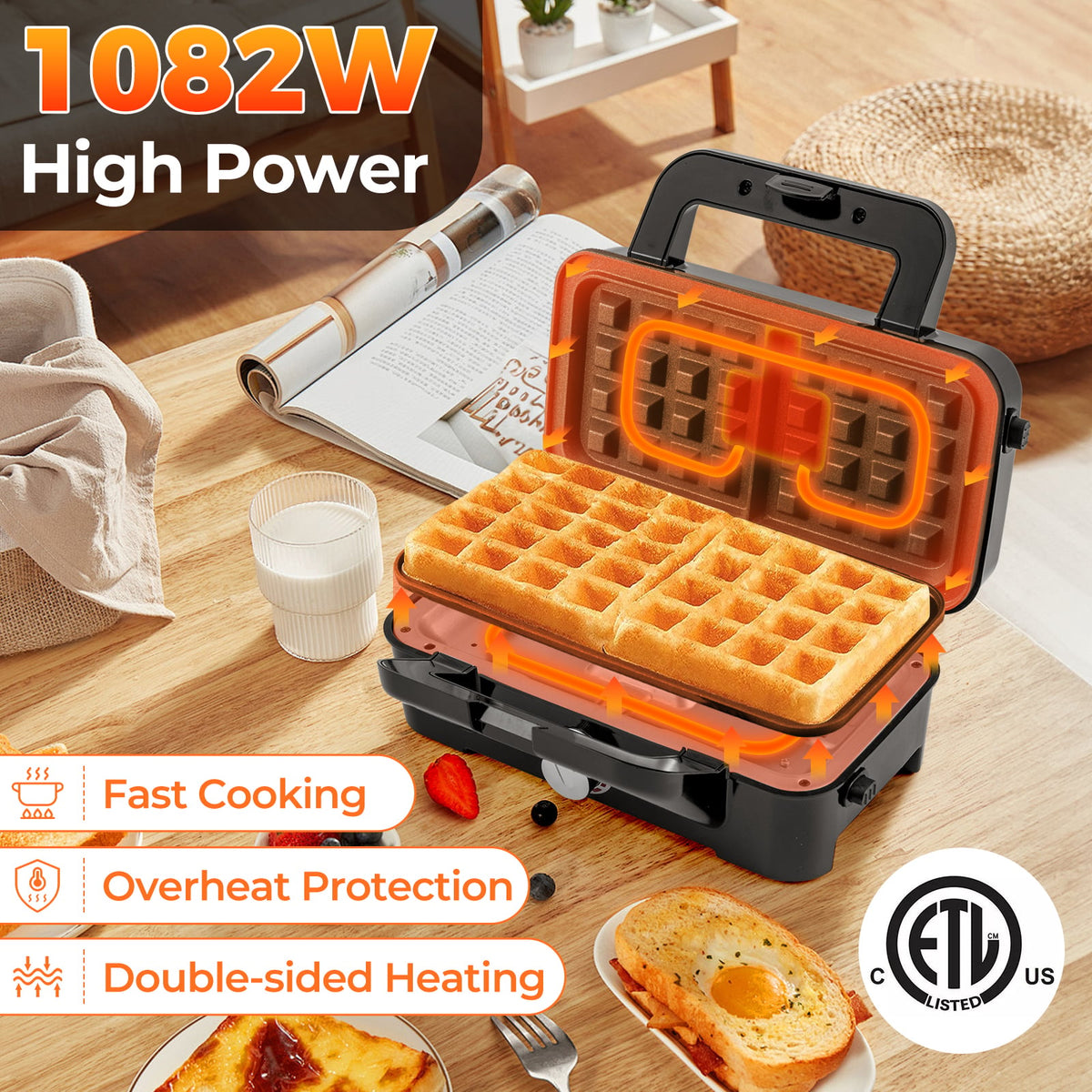 3-in-1 1082W Sandwich Maker with Removable Non-Stick Plates-Black-Small Appliances-DECOROLALA