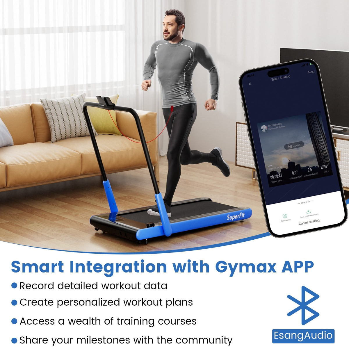 3-in-1 3HP Folding Treadmill with Smart Apps Remote Control and Speakers-Navy-Treadmills-DECOROLALA