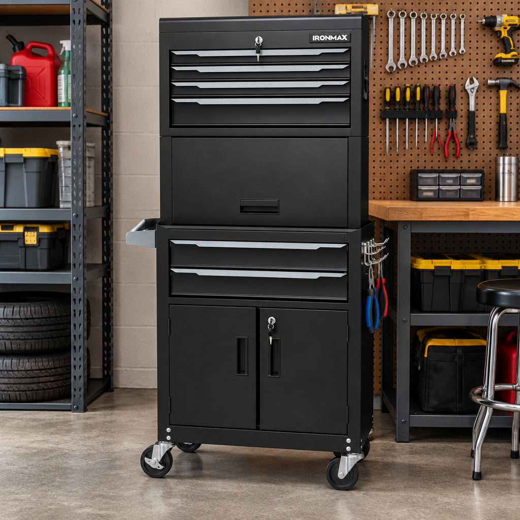 3-in-1 6-Drawer Rolling Tool Chest Storage Cabinet with Universal Wheels and Hooks-Black-Garages-DECOROLALA
