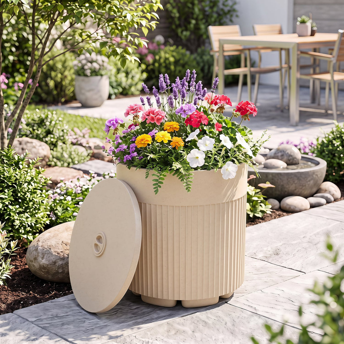 3-in-1 All-Weather Outdoor HDPE Umbrella Base with Water Bag and 2” Umbrella Hole for Patio-Beige-Outdoor Umbrella Bases-DECOROLALA