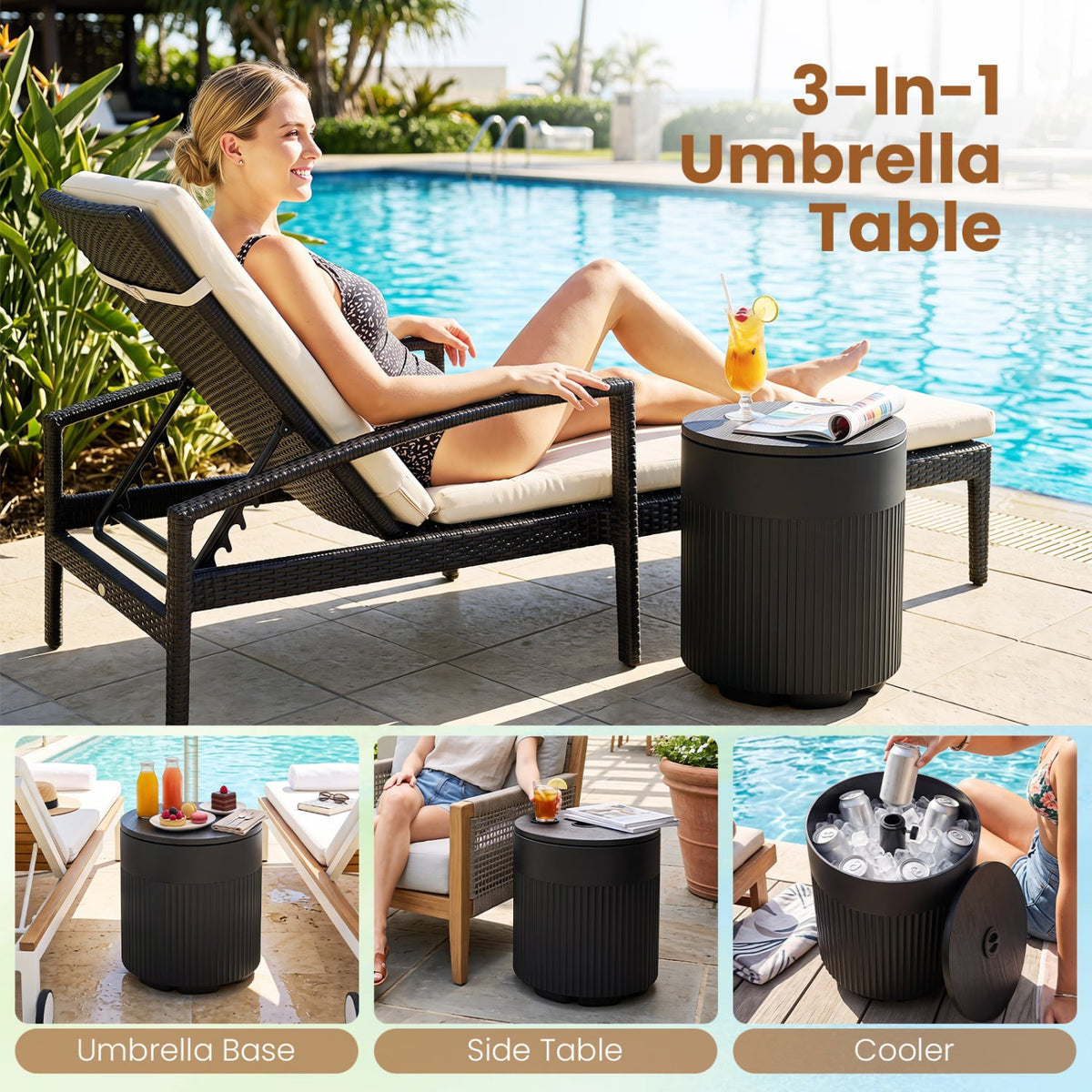 3-in-1 All-Weather Outdoor HDPE Umbrella Base with Water Bag and 2” Umbrella Hole for Patio-Black-Outdoor Umbrella Bases-DECOROLALA