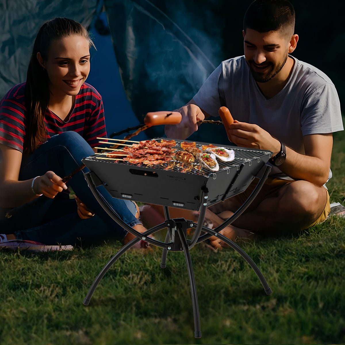 3-in-1 Camping Campfire Grill with Stainless Steel Grills Carrying Bag & Gloves-Black-Outdoor Grills-DECOROLALA
