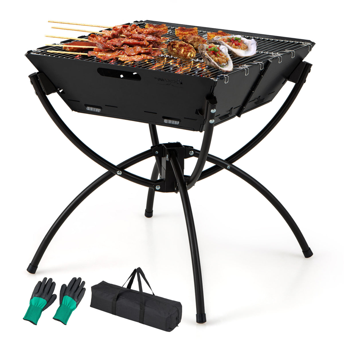 3-in-1 Camping Campfire Grill with Stainless Steel Grills Carrying Bag & Gloves-Black-Outdoor Grills-DECOROLALA