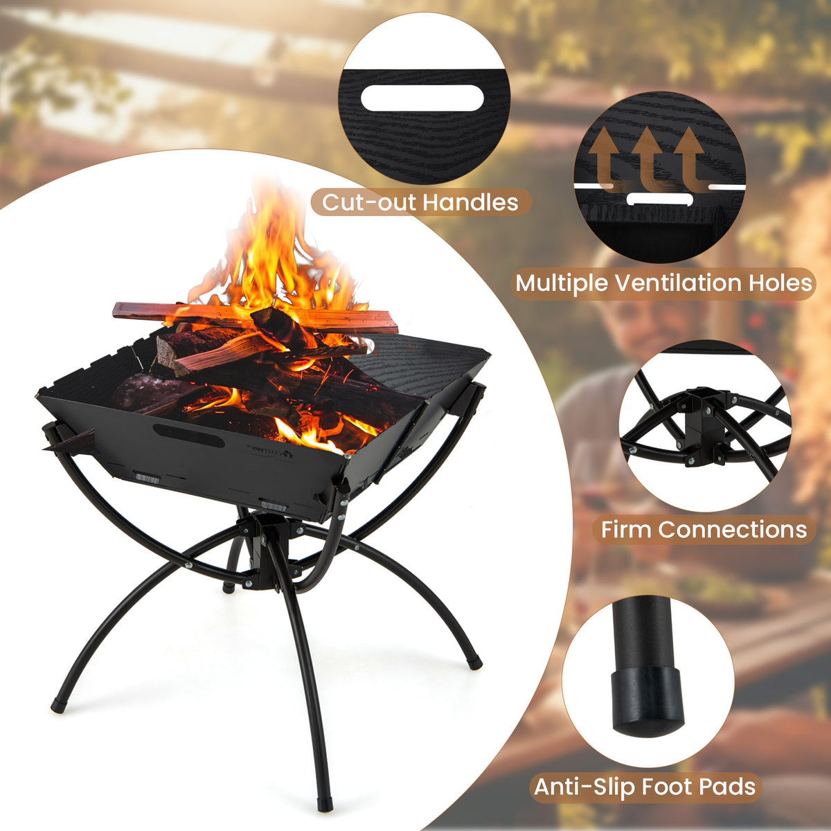 3-in-1 Camping Campfire Grill with Stainless Steel Grills Carrying Bag & Gloves-Black-Outdoor Grills-DECOROLALA