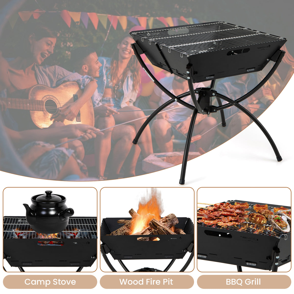 3-in-1 Camping Campfire Grill with Stainless Steel Grills Carrying Bag & Gloves-Black-Outdoor Grills-DECOROLALA
