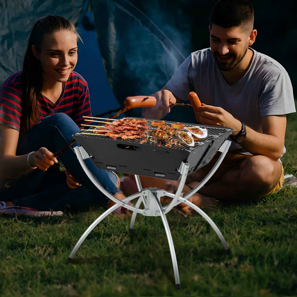 3-in-1 Camping Campfire Grill with Stainless Steel Grills Carrying Bag & Gloves-Silver-Outdoor Grills-DECOROLALA