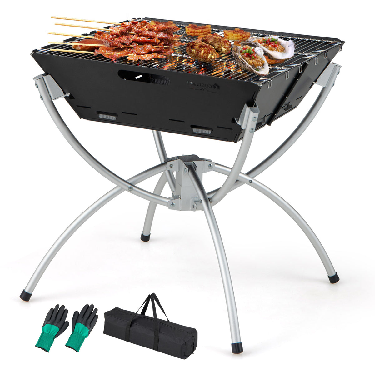 3-in-1 Camping Campfire Grill with Stainless Steel Grills Carrying Bag & Gloves-Silver-Outdoor Grills-DECOROLALA