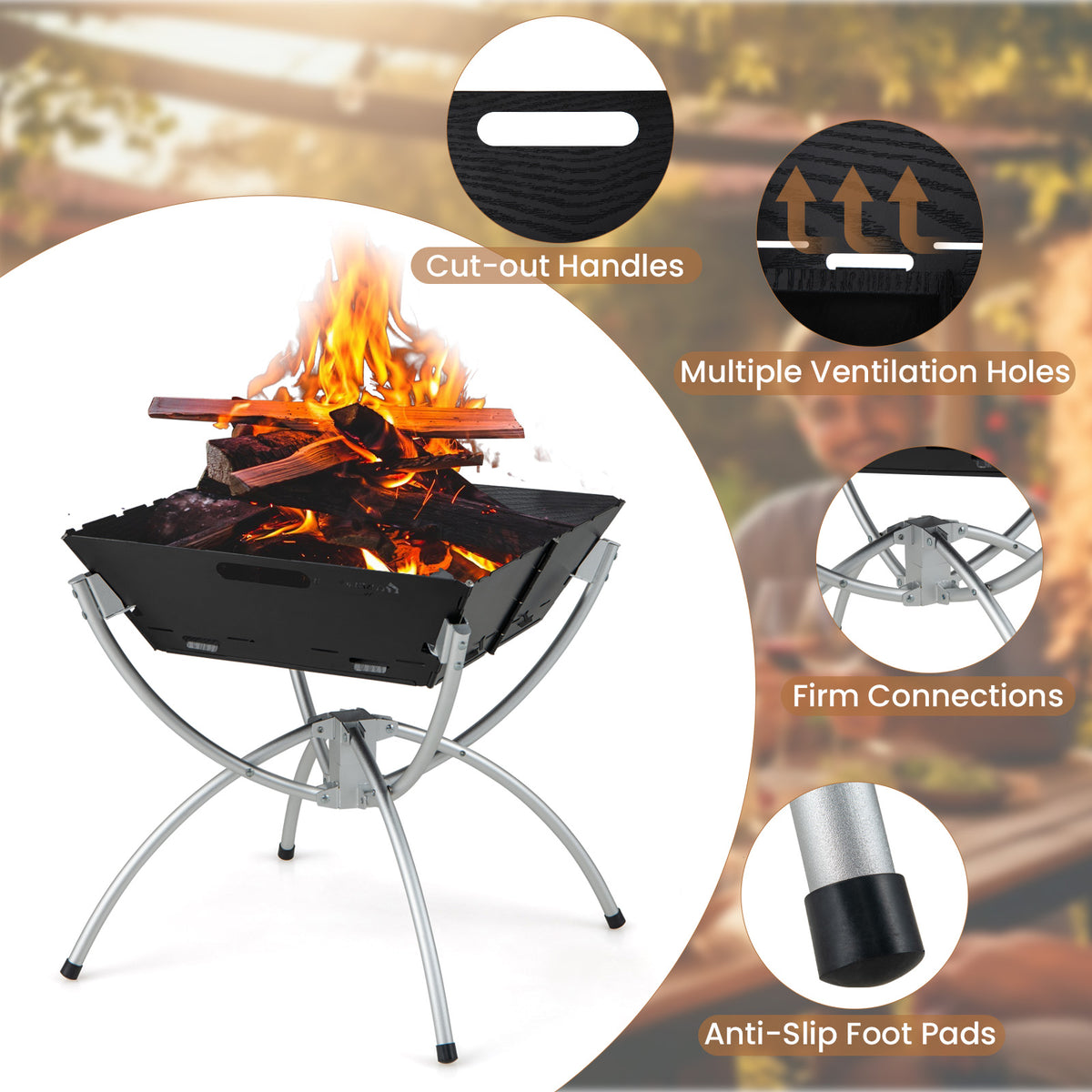 3-in-1 Camping Campfire Grill with Stainless Steel Grills Carrying Bag & Gloves-Silver-Outdoor Grills-DECOROLALA