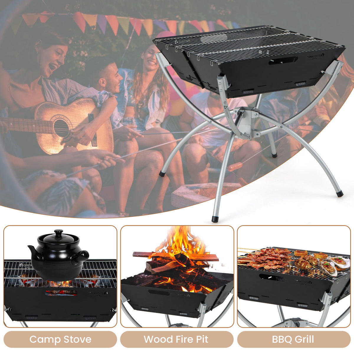 3-in-1 Camping Campfire Grill with Stainless Steel Grills Carrying Bag & Gloves-Silver-Outdoor Grills-DECOROLALA