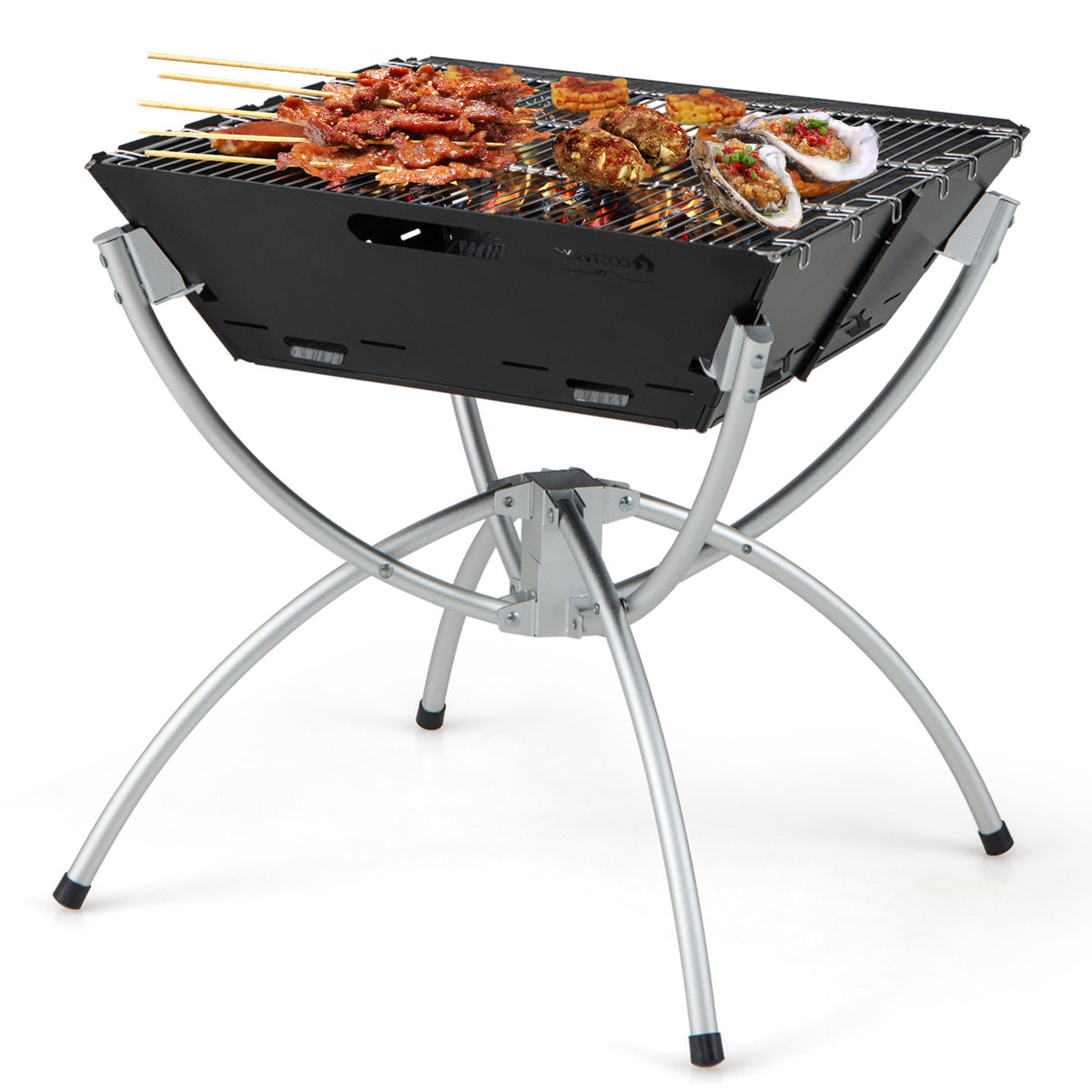 3-in-1 Camping Campfire Grill with Stainless Steel Grills Carrying Bag & Gloves-Silver-Outdoor Grills-DECOROLALA