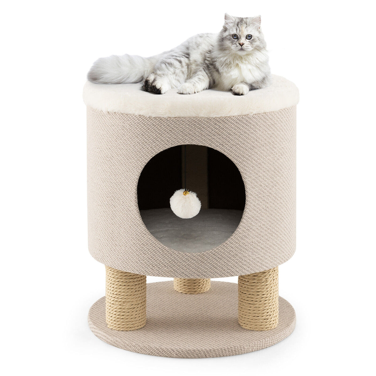 3-in-1 Cat Condo Stool Kitty Bed with Scratching Posts and Plush Ball Toy-Beige-Cat Trees & Scratchers-DECOROLALA