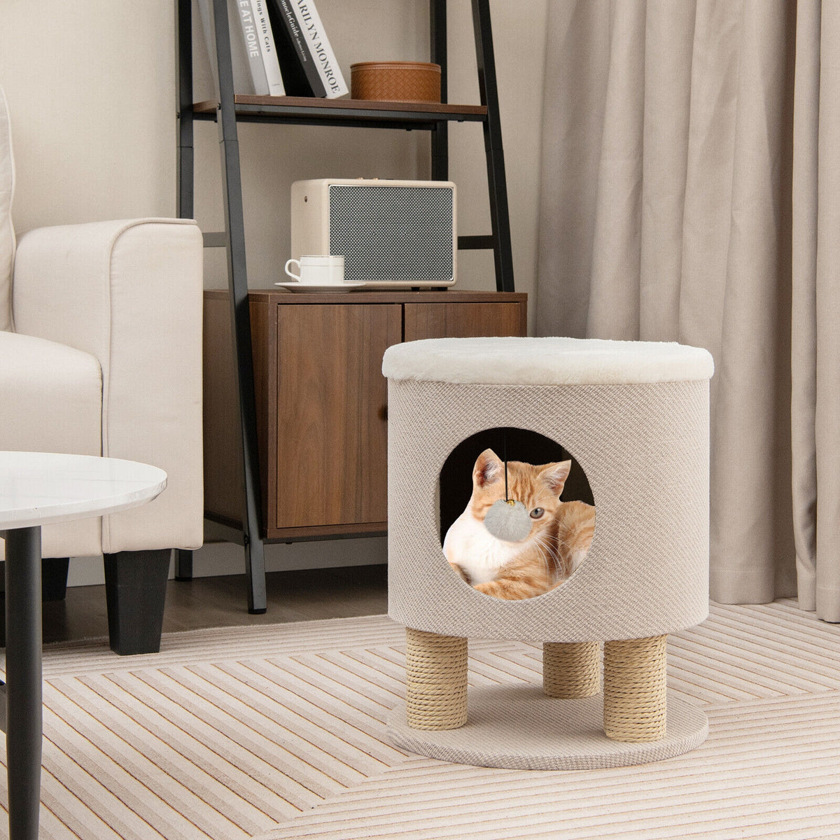 3-in-1 Cat Condo Stool Kitty Bed with Scratching Posts and Plush Ball Toy-Beige-Cat Trees & Scratchers-DECOROLALA