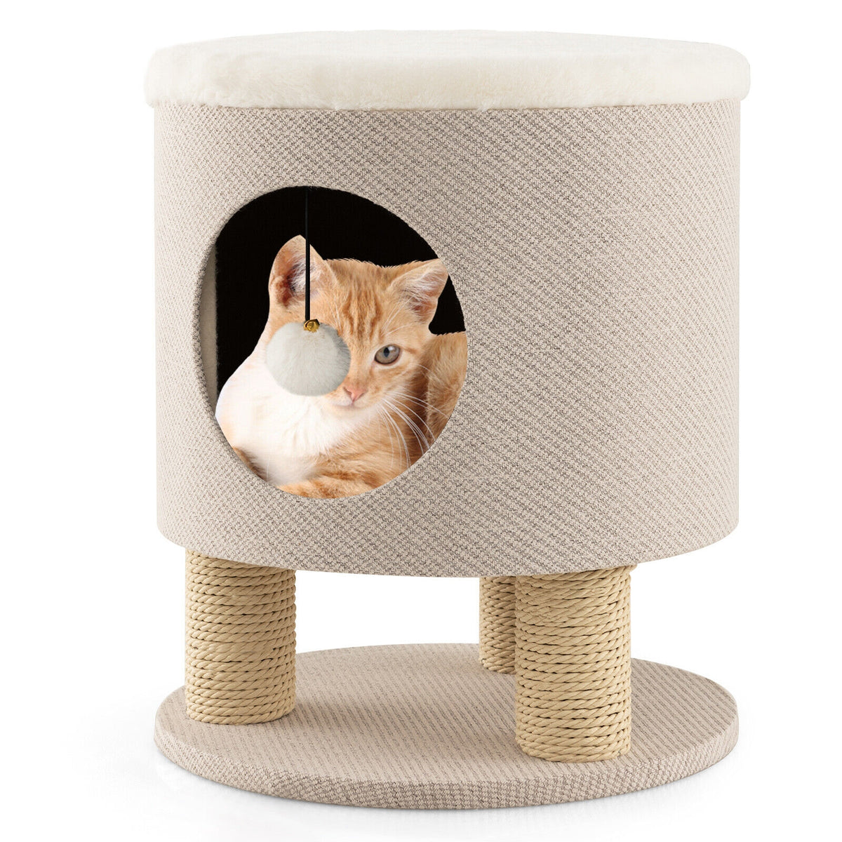 3-in-1 Cat Condo Stool Kitty Bed with Scratching Posts and Plush Ball Toy-Beige-Cat Trees & Scratchers-DECOROLALA