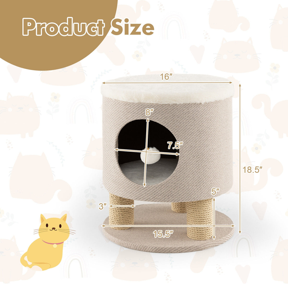 3-in-1 Cat Condo Stool Kitty Bed with Scratching Posts and Plush Ball Toy-Beige-Cat Trees & Scratchers-DECOROLALA
