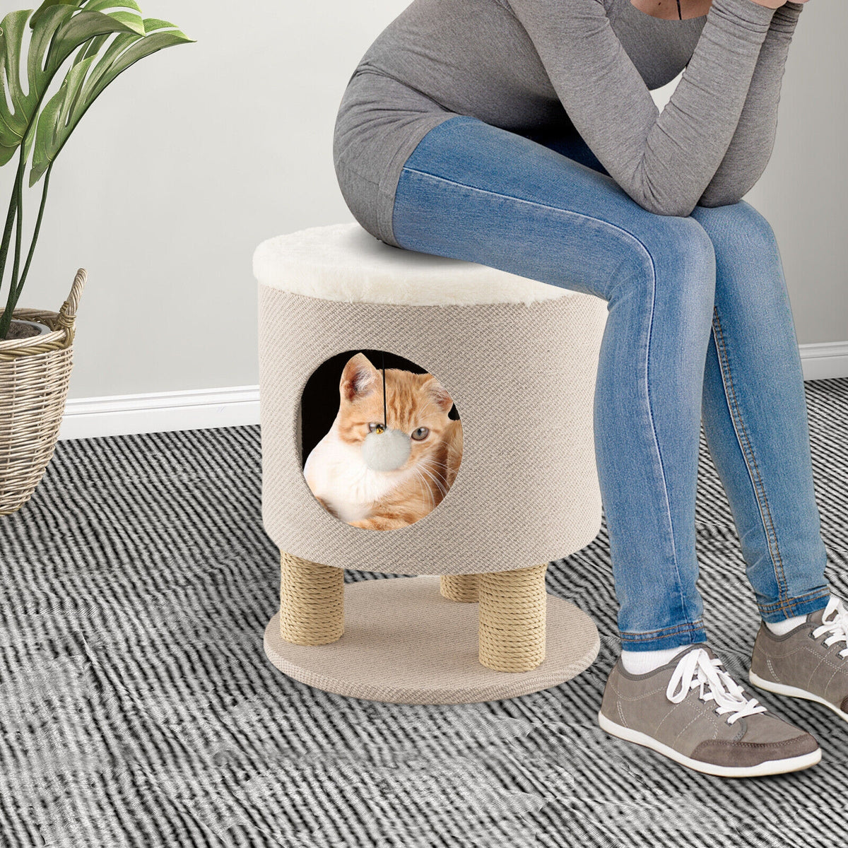 3-in-1 Cat Condo Stool Kitty Bed with Scratching Posts and Plush Ball Toy-Beige-Cat Trees & Scratchers-DECOROLALA