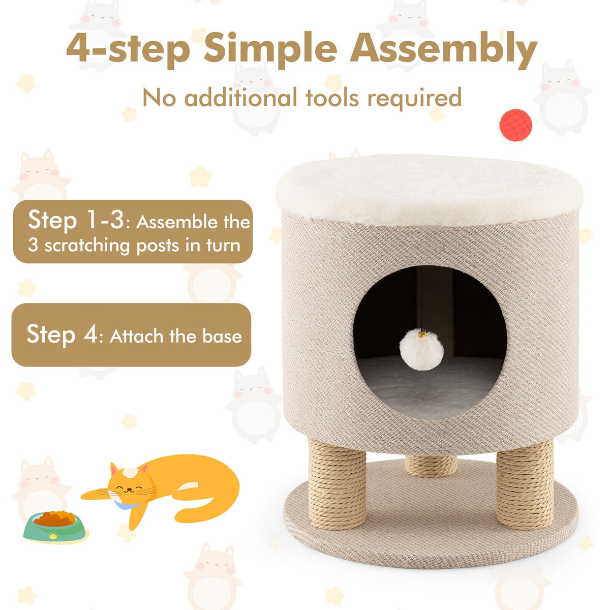 3-in-1 Cat Condo Stool Kitty Bed with Scratching Posts and Plush Ball Toy-Beige-Cat Trees & Scratchers-DECOROLALA