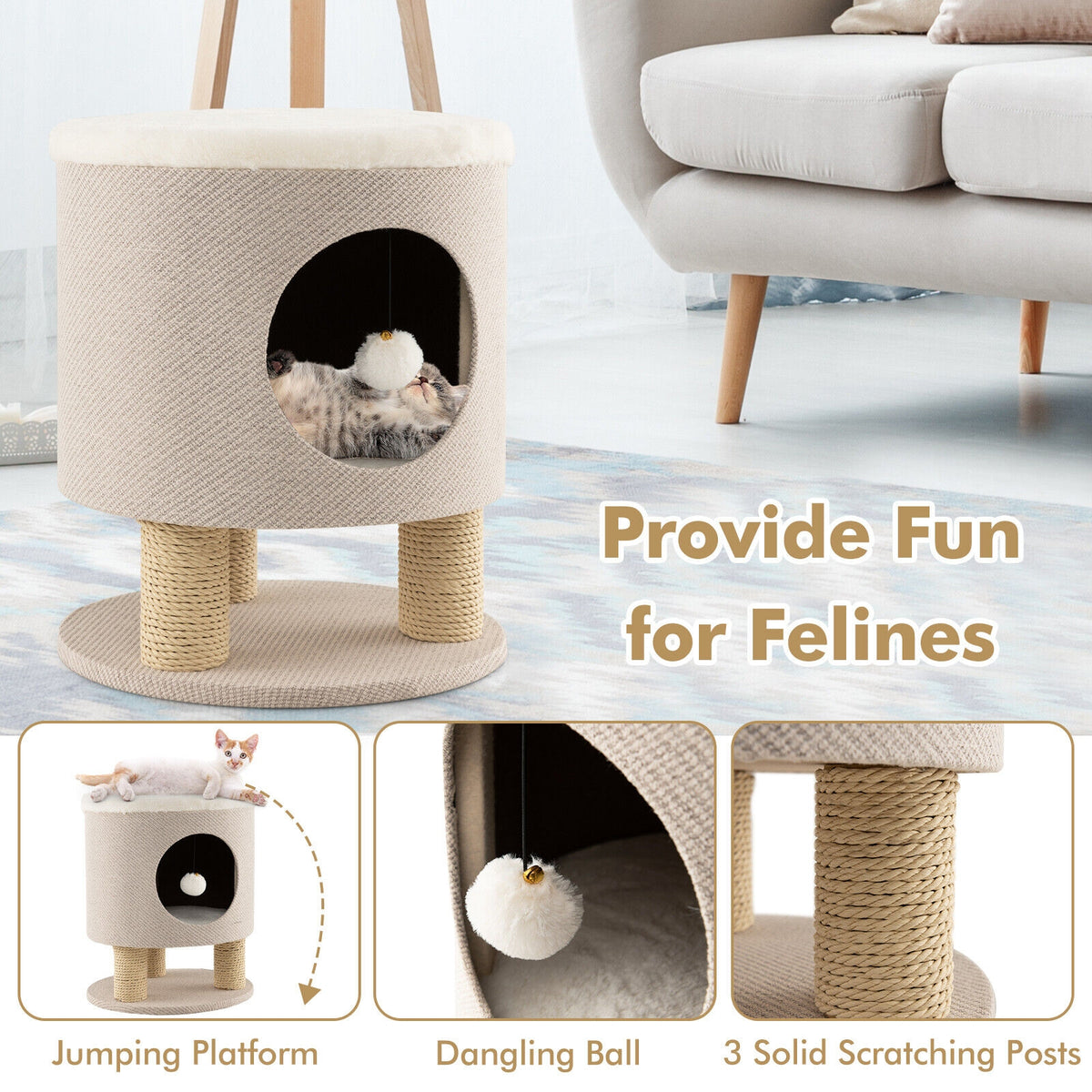 3-in-1 Cat Condo Stool Kitty Bed with Scratching Posts and Plush Ball Toy-Beige-Cat Trees & Scratchers-DECOROLALA