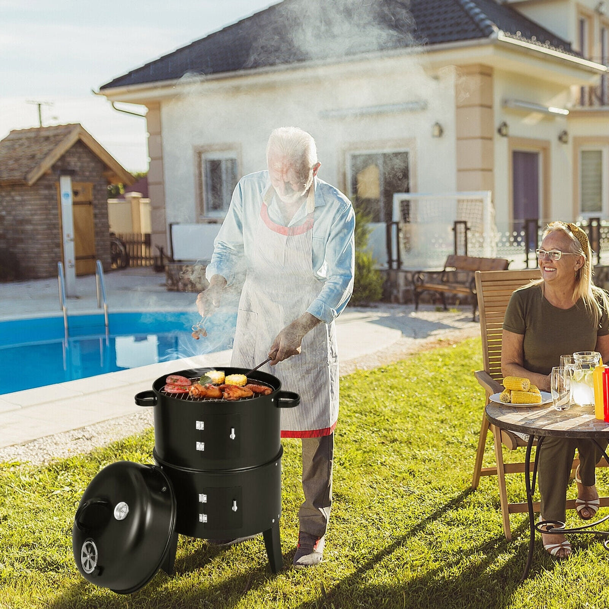 3-in-1 Charcoal BBQ Grill Cambo with Built-in Thermometer-Outdoor Grills-DECOROLALA