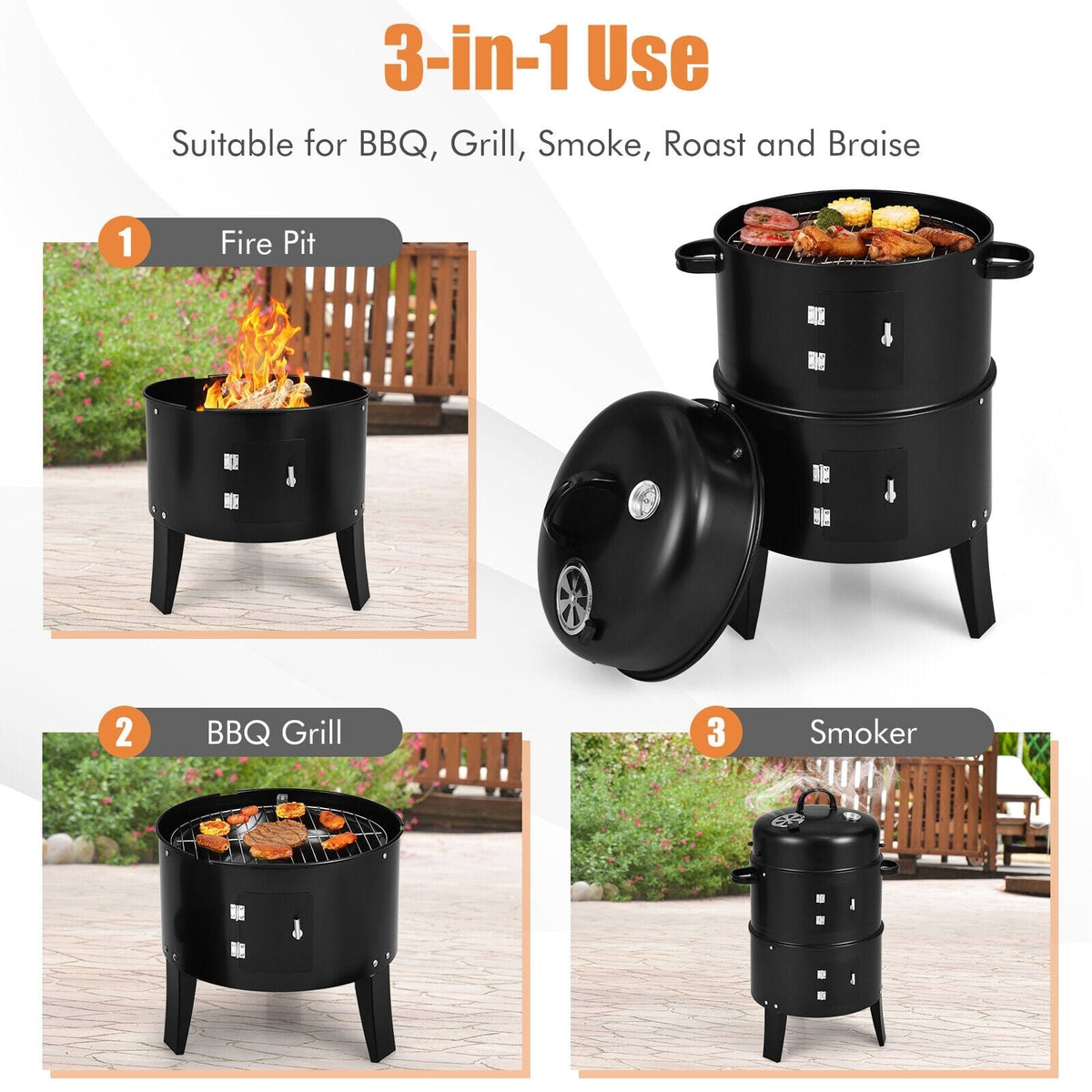 3-in-1 Charcoal BBQ Grill Cambo with Built-in Thermometer-Outdoor Grills-DECOROLALA