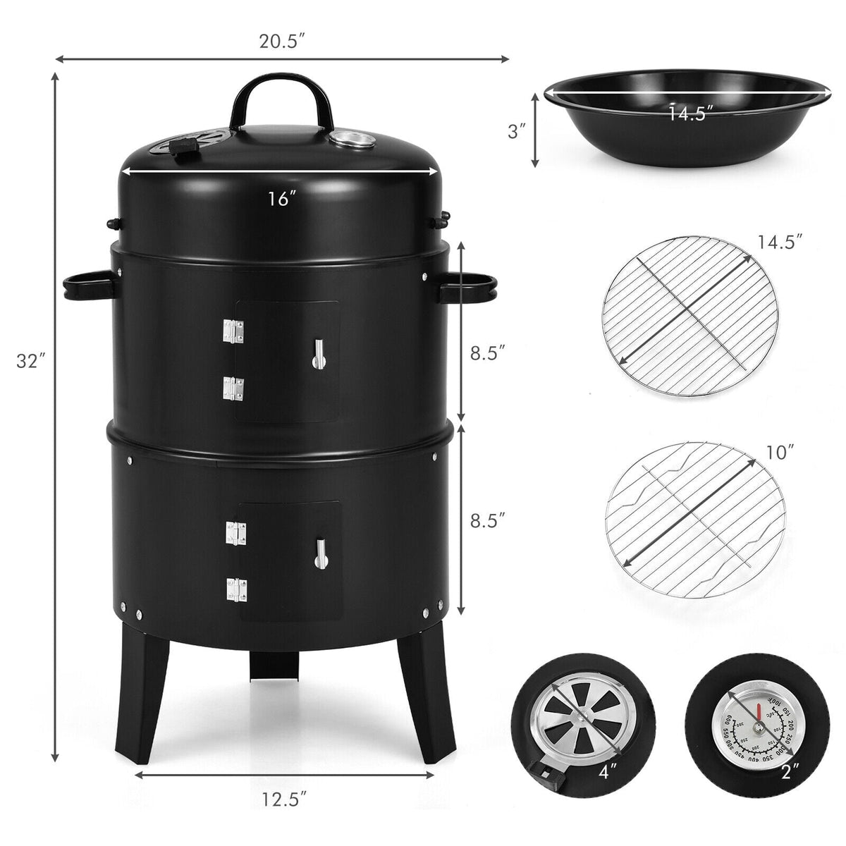 3-in-1 Charcoal BBQ Grill Cambo with Built-in Thermometer-Outdoor Grills-DECOROLALA