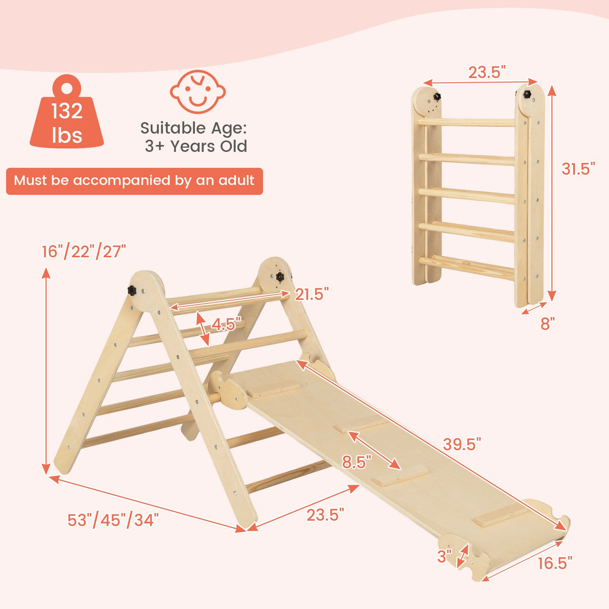 3-in-1 Climbing Set Foldable and Adjustable Kids Triangle Set