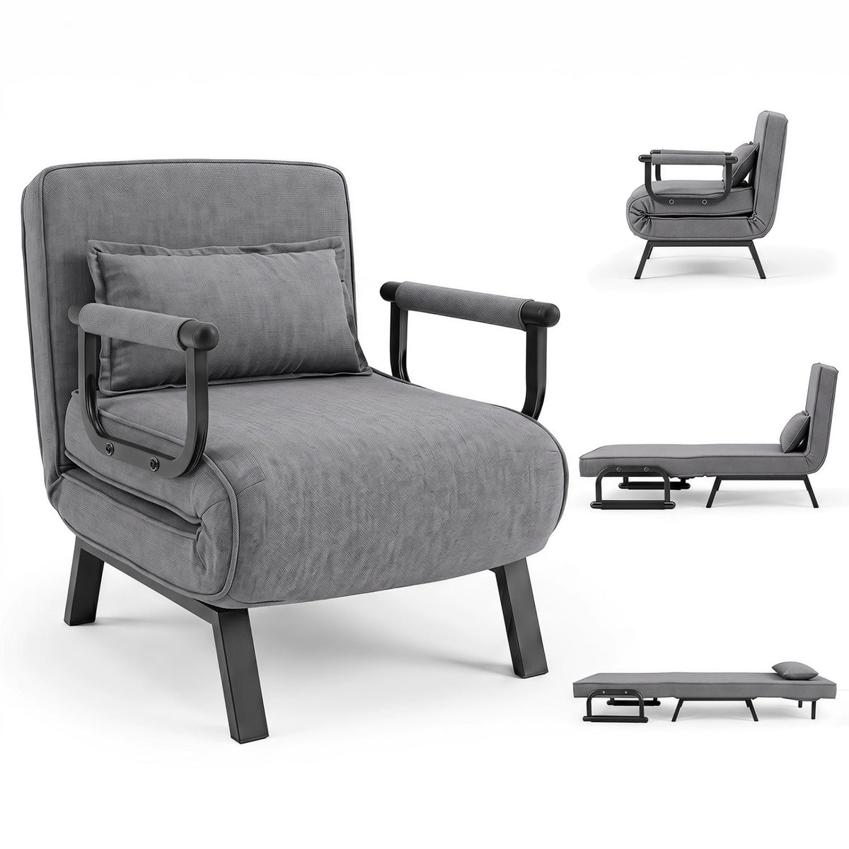 3-in-1 Convertible Folding Sofa Bed - Gray Single Sleeper Chair-Sofas & Loveseats-DECOROLALA