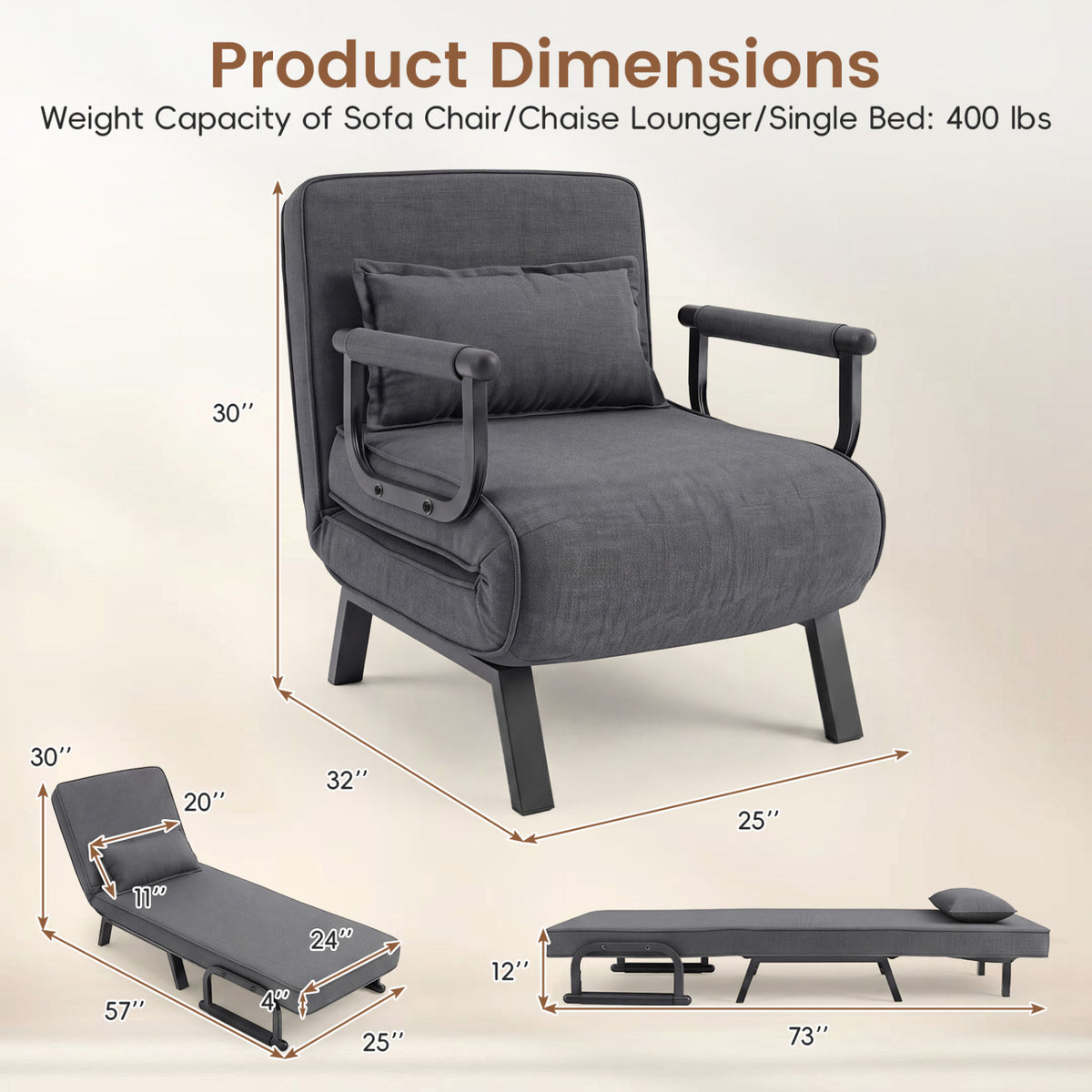 3-in-1 Convertible Folding Sofa Bed - Gray Single Sleeper Chair-Sofas & Loveseats-DECOROLALA