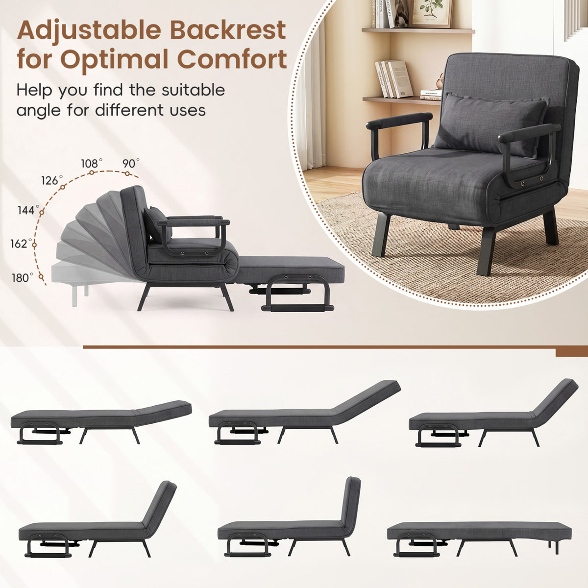 3-in-1 Convertible Folding Sofa Bed - Gray Single Sleeper Chair-Sofas & Loveseats-DECOROLALA