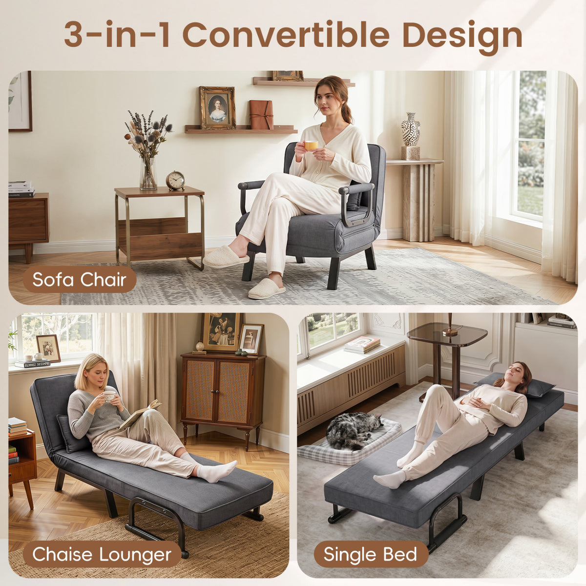 3-in-1 Convertible Folding Sofa Bed - Gray Single Sleeper Chair-Sofas & Loveseats-DECOROLALA
