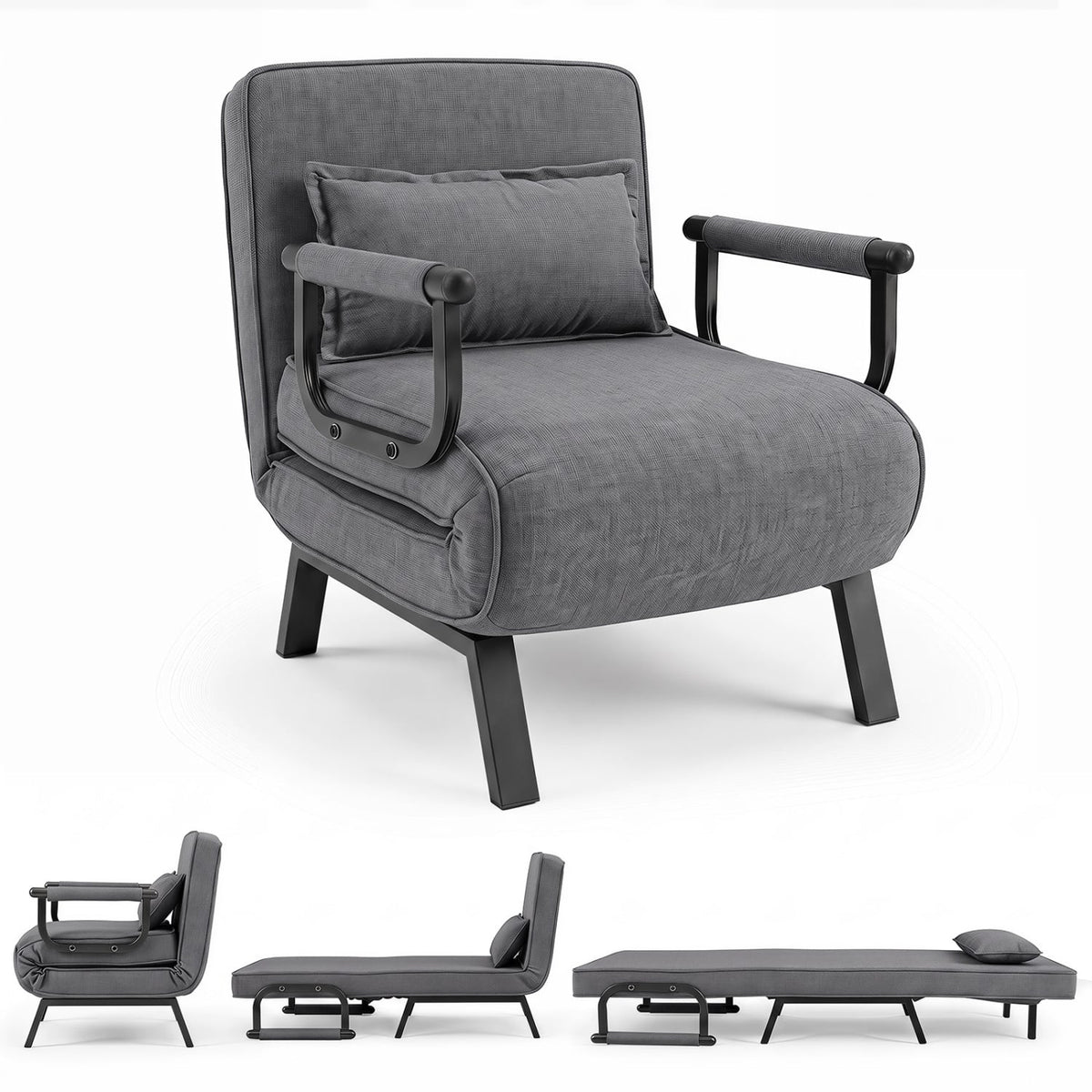 3-in-1 Convertible Folding Sofa Bed - Gray Single Sleeper Chair-Sofas & Loveseats-DECOROLALA