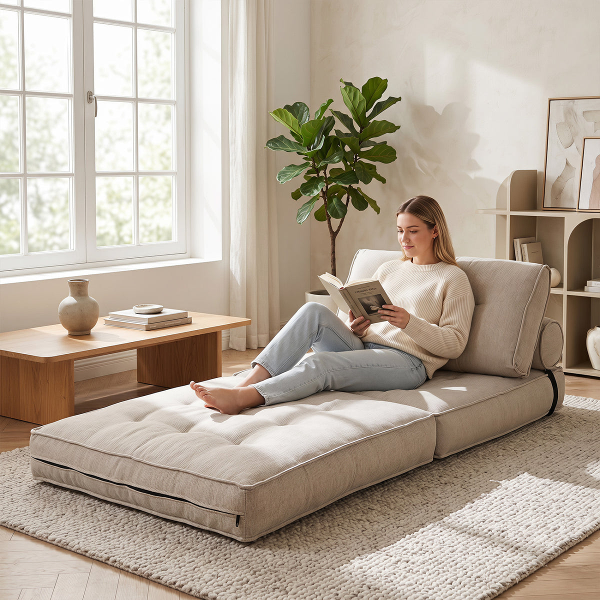 3-in-1 Convertible Folding Sofa Bed with Bolster - Beige Chenille-Sofas & Loveseats-DECOROLALA