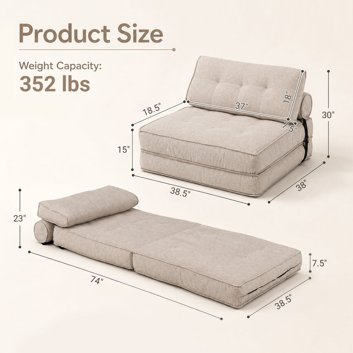 3-in-1 Convertible Folding Sofa Bed with Bolster - Beige Chenille-Sofas & Loveseats-DECOROLALA
