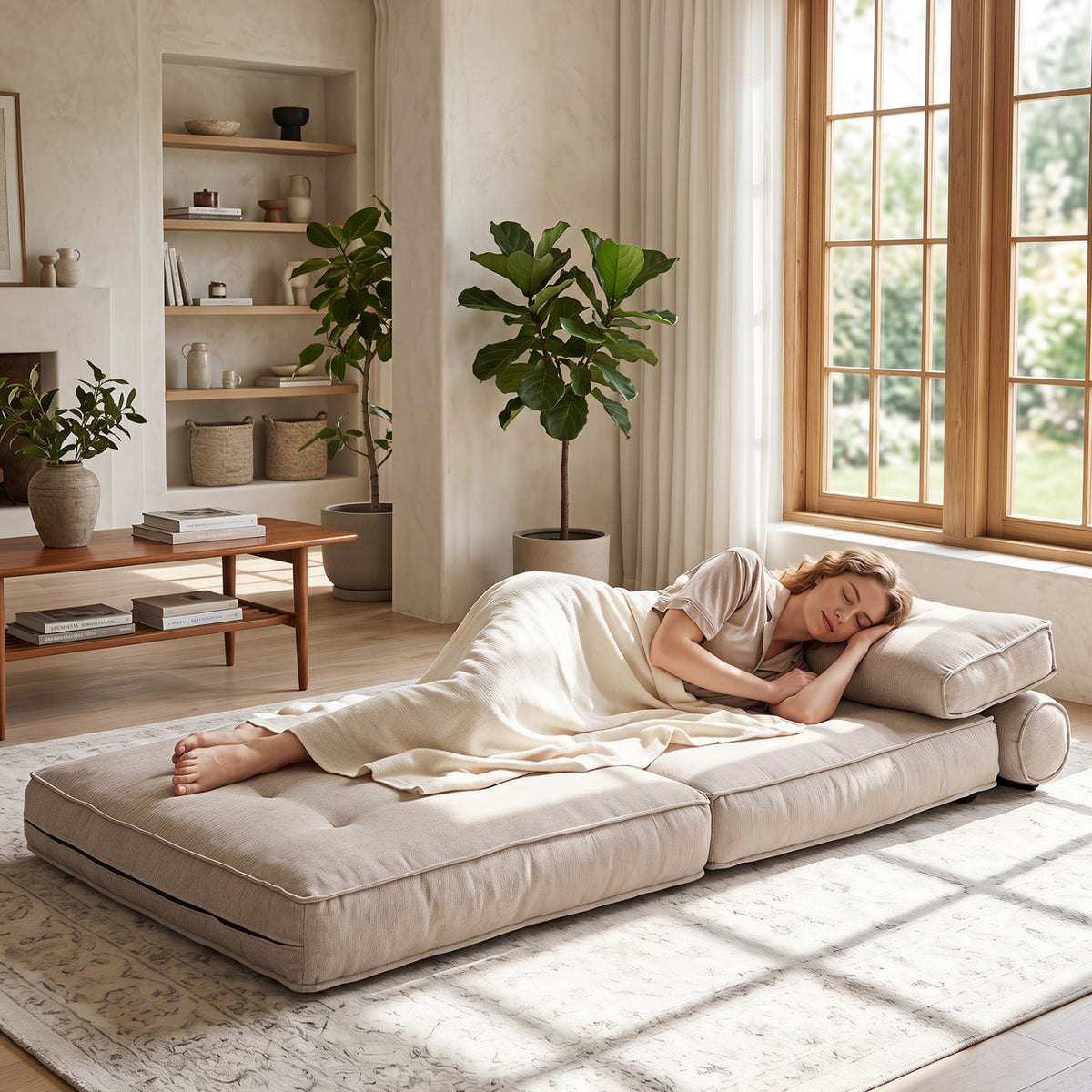 3-in-1 Convertible Folding Sofa Bed with Bolster - Beige Chenille-Sofas & Loveseats-DECOROLALA