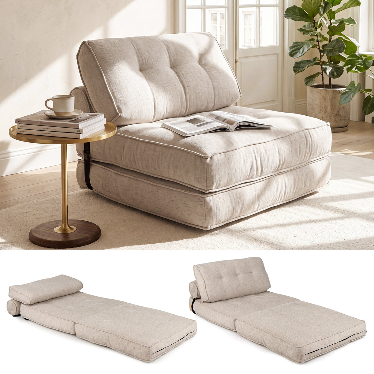 3-in-1 Convertible Folding Sofa Bed with Bolster - Beige Chenille-Sofas & Loveseats-DECOROLALA