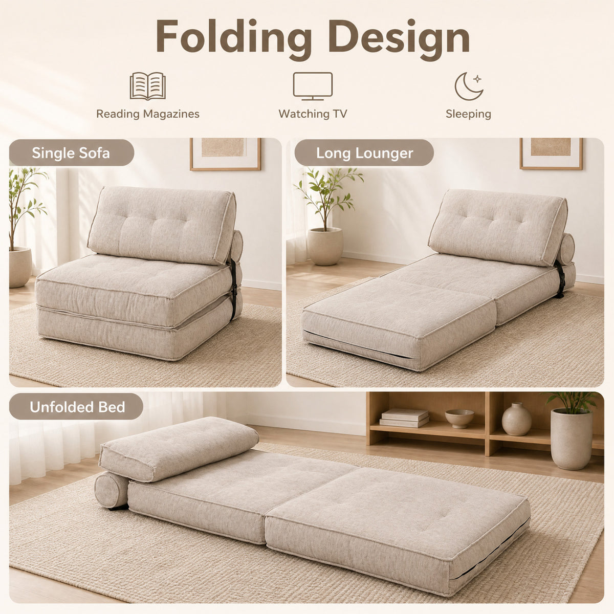 3-in-1 Convertible Folding Sofa Bed with Bolster - Beige Chenille-Sofas & Loveseats-DECOROLALA