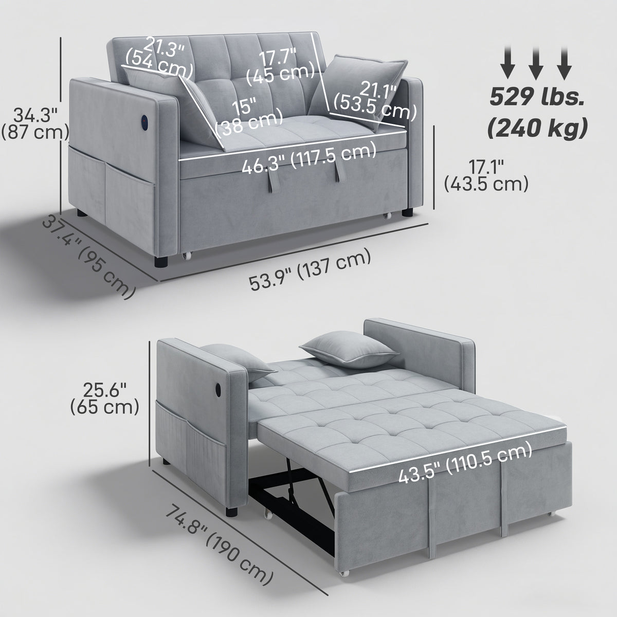3-in-1 Convertible Pull Out Sofa Bed with USB - Light Grey Velvet-Home Furnishings > Living Room Furniture > Sofas & Reclining Chairs > 2-Seater Sofas-DECOROLALA