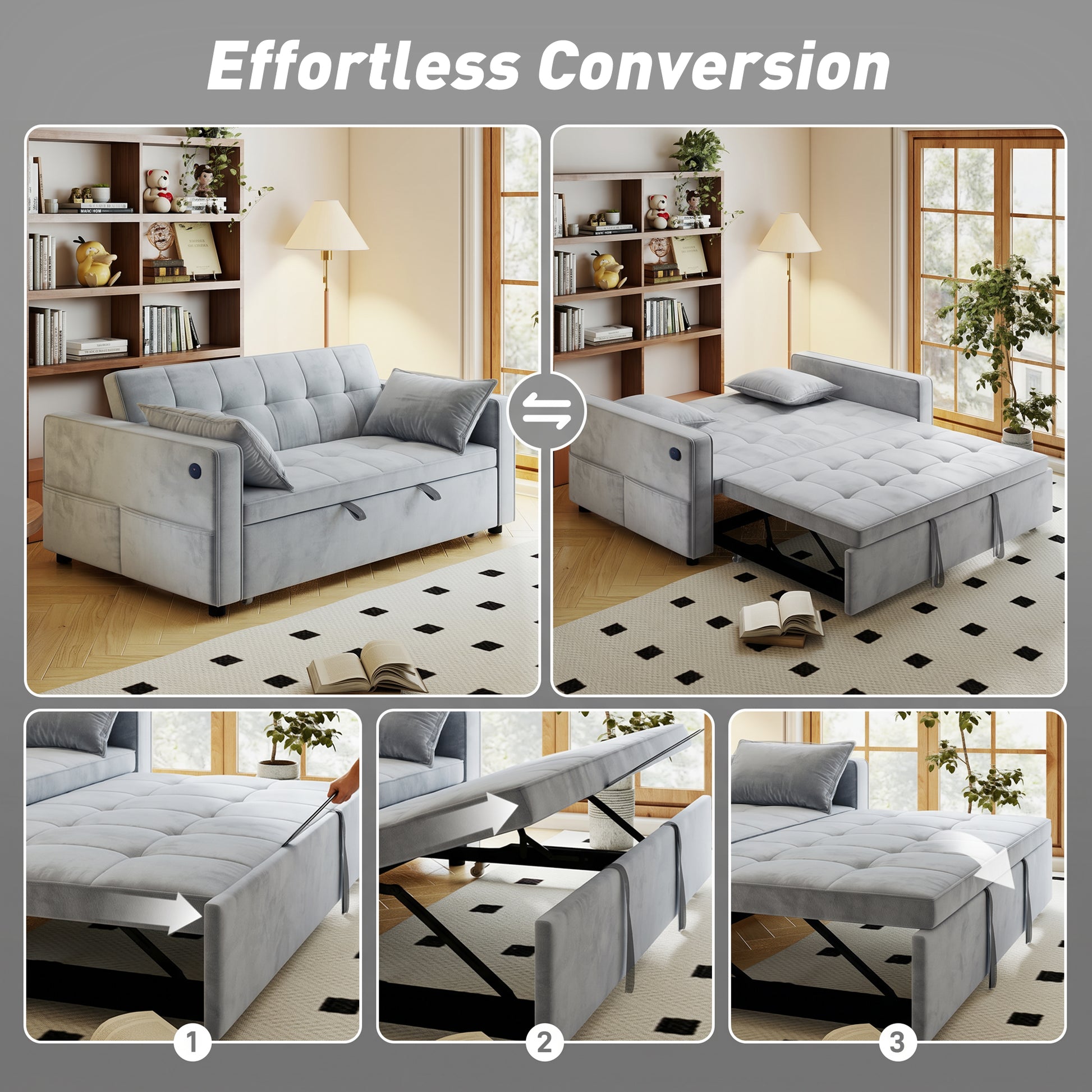 3-in-1 Convertible Pull Out Sofa Bed with USB - Light Grey Velvet-Home Furnishings > Living Room Furniture > Sofas & Reclining Chairs > 2-Seater Sofas-DECOROLALA