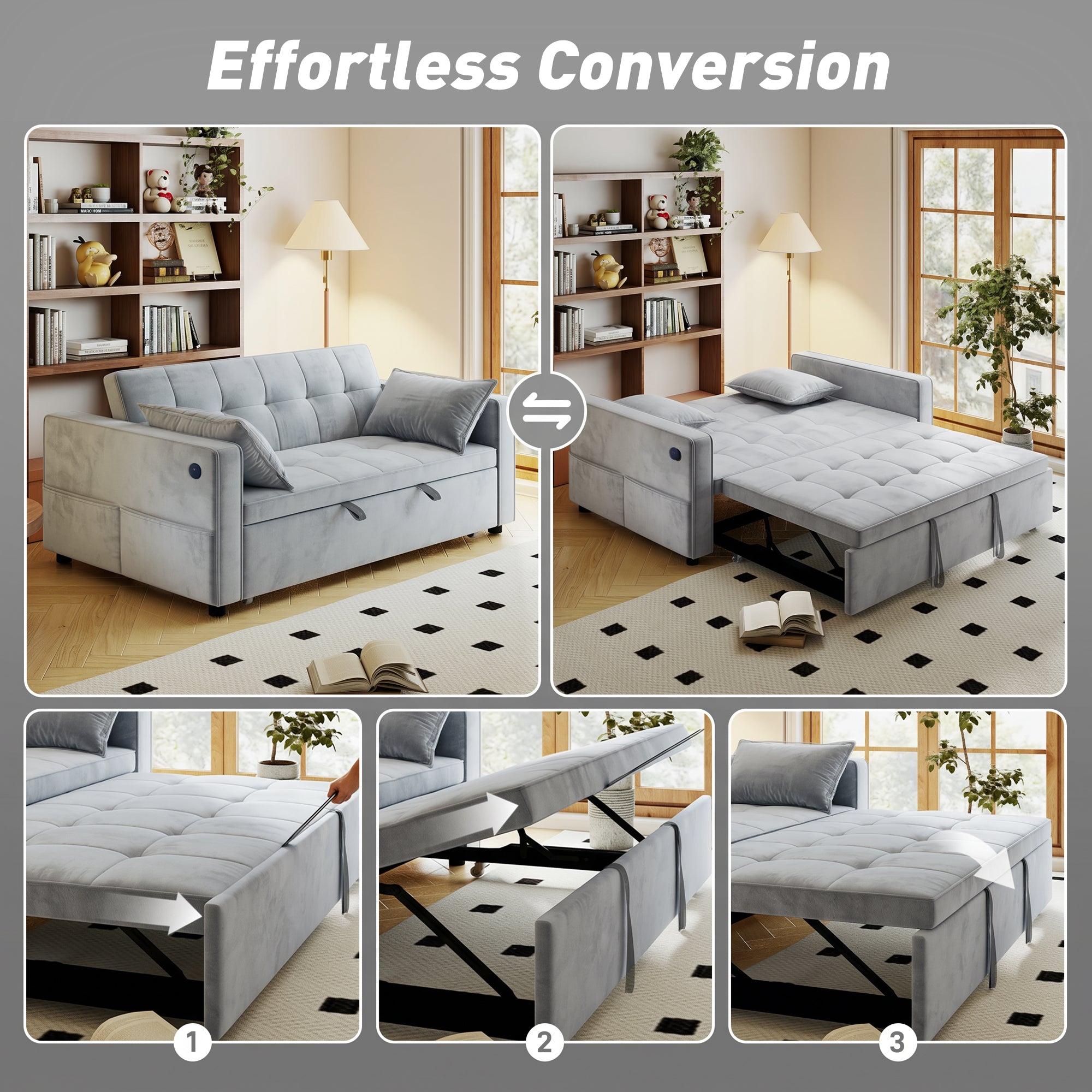 3-in-1 Convertible Pull Out Sofa Bed with USB - Light Grey Velvet-Home Furnishings > Living Room Furniture > Sofas & Reclining Chairs > 2-Seater Sofas-DECOROLALA