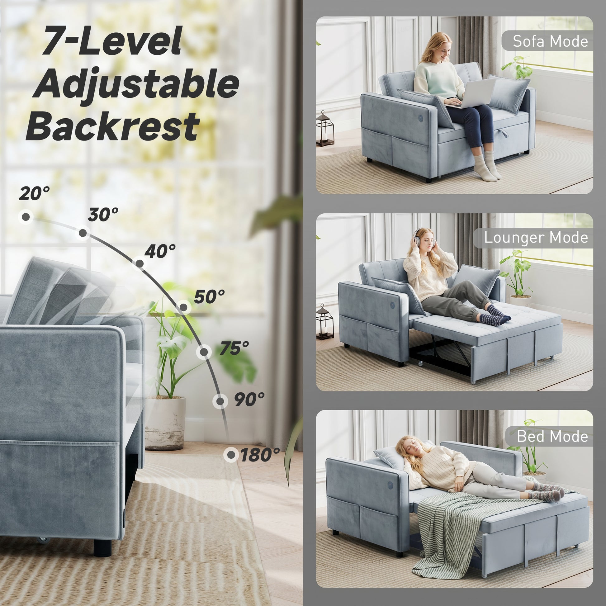 3-in-1 Convertible Pull Out Sofa Bed with USB - Light Grey Velvet-Home Furnishings > Living Room Furniture > Sofas & Reclining Chairs > 2-Seater Sofas-DECOROLALA