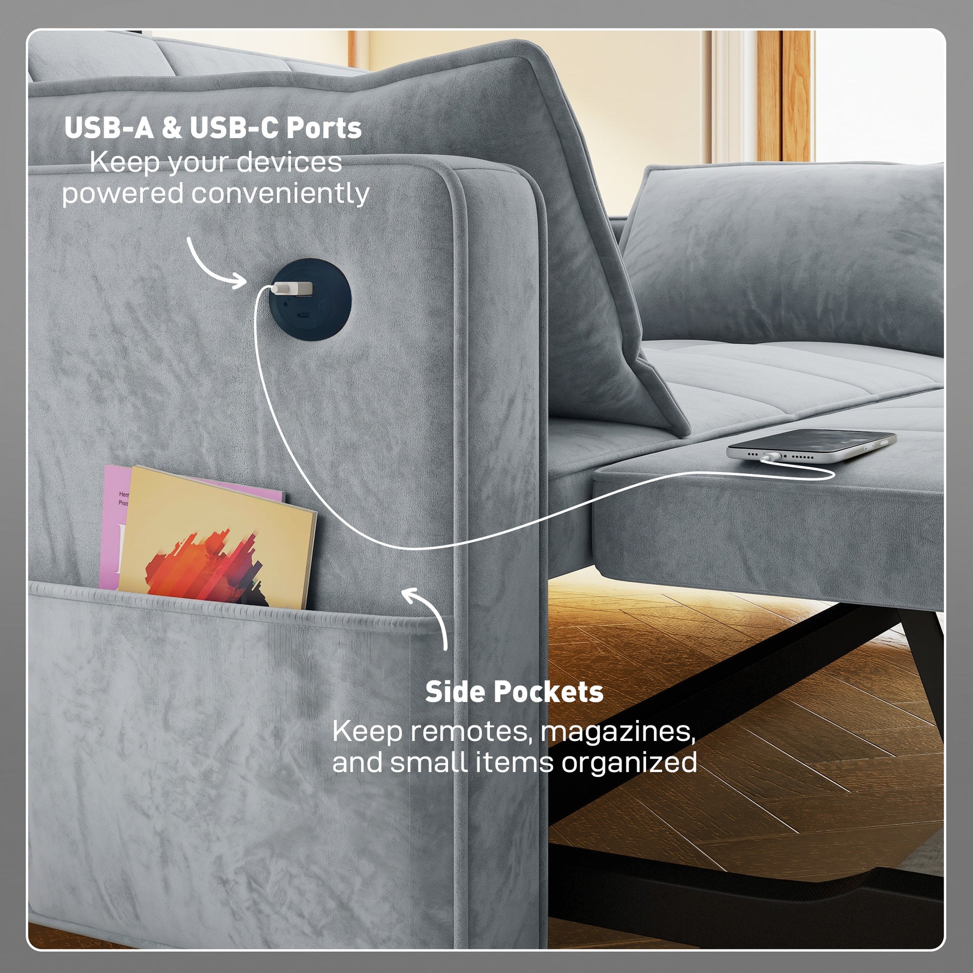 3-in-1 Convertible Pull Out Sofa Bed with USB - Light Grey Velvet-Home Furnishings > Living Room Furniture > Sofas & Reclining Chairs > 2-Seater Sofas-DECOROLALA
