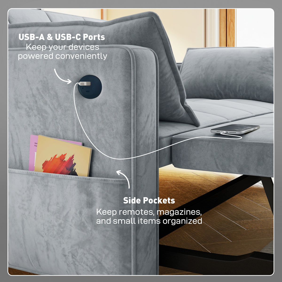 3-in-1 Convertible Pull Out Sofa Bed with USB - Light Grey Velvet-Home Furnishings > Living Room Furniture > Sofas & Reclining Chairs > 2-Seater Sofas-DECOROLALA
