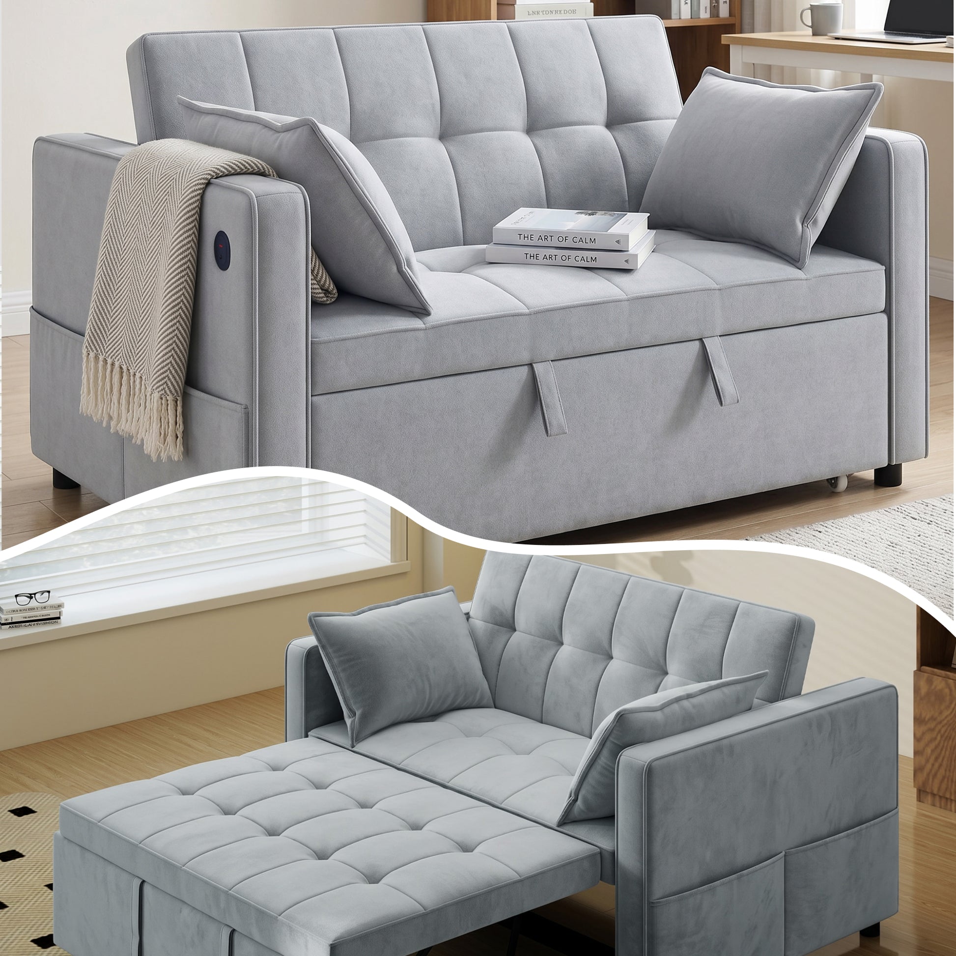 3-in-1 Convertible Pull Out Sofa Bed with USB - Light Grey Velvet-Home Furnishings > Living Room Furniture > Sofas & Reclining Chairs > 2-Seater Sofas-DECOROLALA