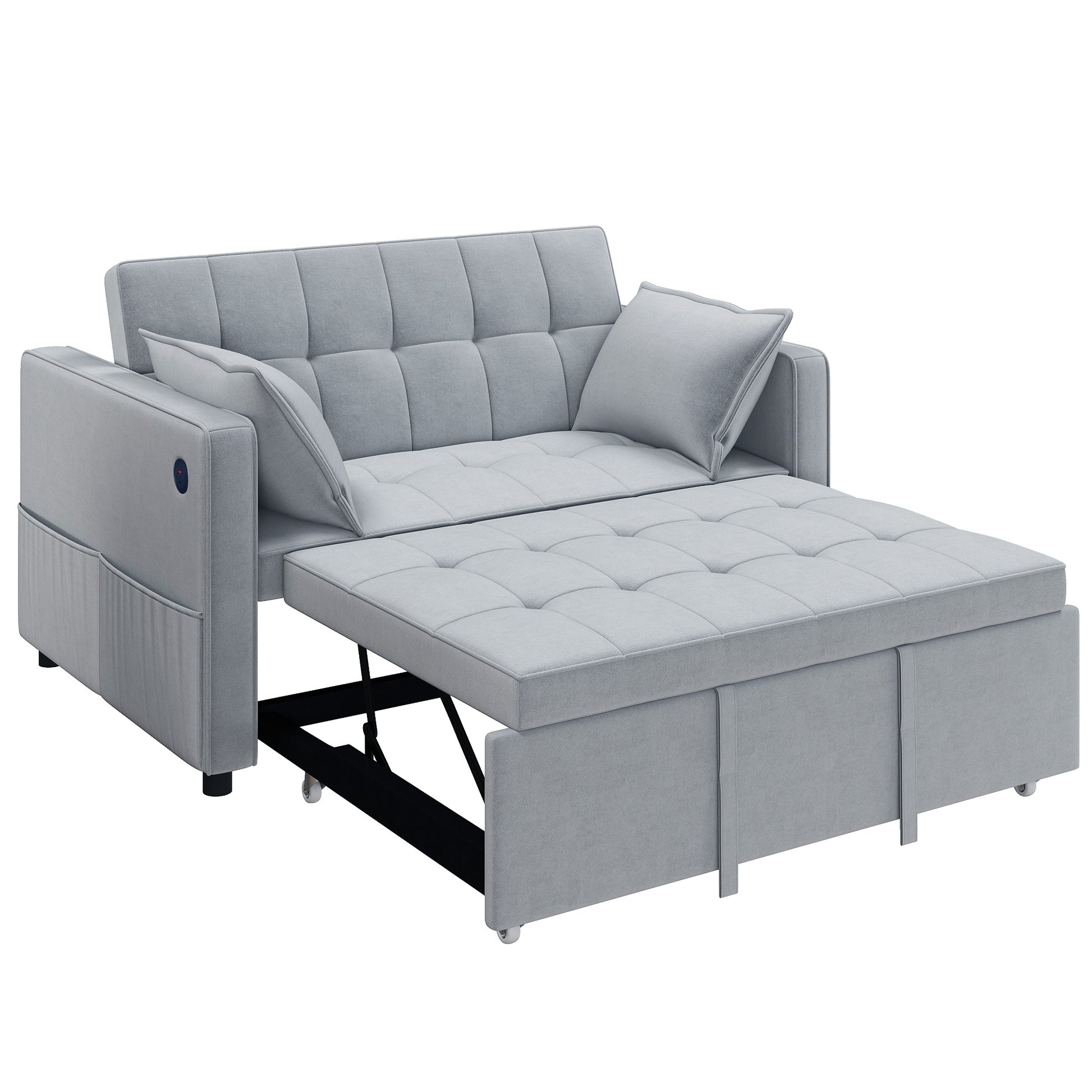 3-in-1 Convertible Pull Out Sofa Bed with USB - Light Grey Velvet-Home Furnishings > Living Room Furniture > Sofas & Reclining Chairs > 2-Seater Sofas-DECOROLALA