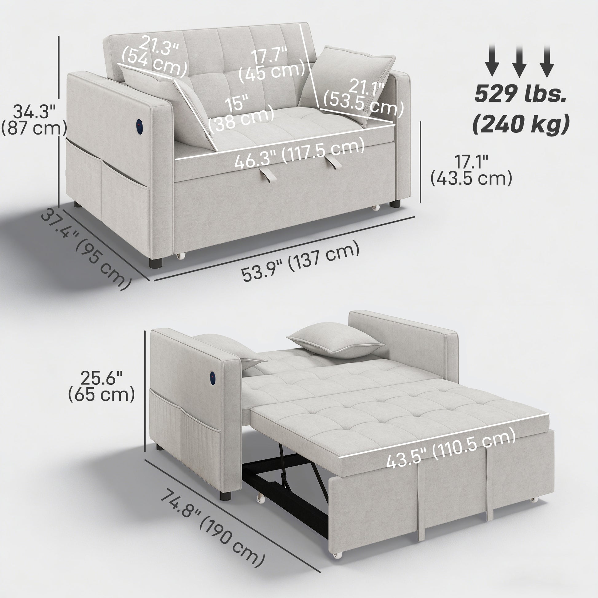 3-in-1 Convertible Sleeper Sofa Bed with USB Ports - Beige Velvet-Home Furnishings > Living Room Furniture > Sofas & Reclining Chairs > 2-Seater Sofas-DECOROLALA