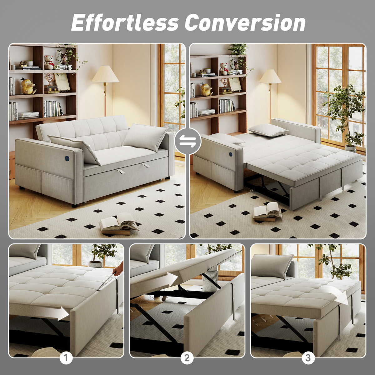 3-in-1 Convertible Sleeper Sofa Bed with USB Ports - Beige Velvet-Home Furnishings > Living Room Furniture > Sofas & Reclining Chairs > 2-Seater Sofas-DECOROLALA