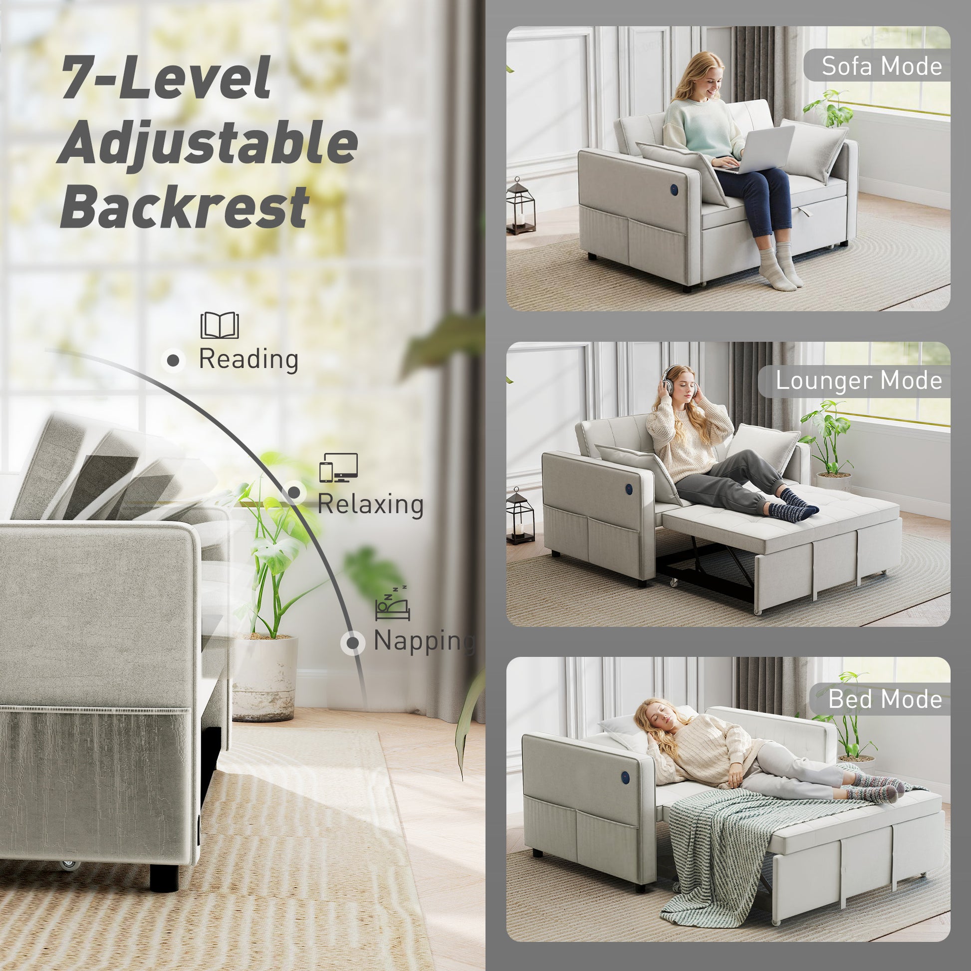 3-in-1 Convertible Sleeper Sofa Bed with USB Ports - Beige Velvet-Home Furnishings > Living Room Furniture > Sofas & Reclining Chairs > 2-Seater Sofas-DECOROLALA