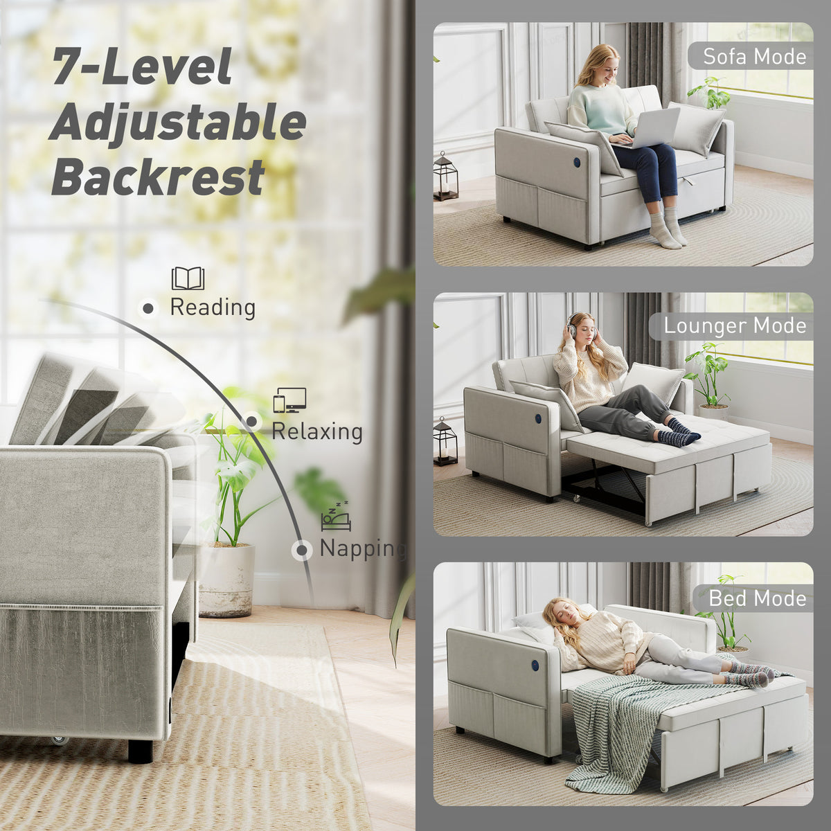 3-in-1 Convertible Sleeper Sofa Bed with USB Ports - Beige Velvet-Home Furnishings > Living Room Furniture > Sofas & Reclining Chairs > 2-Seater Sofas-DECOROLALA