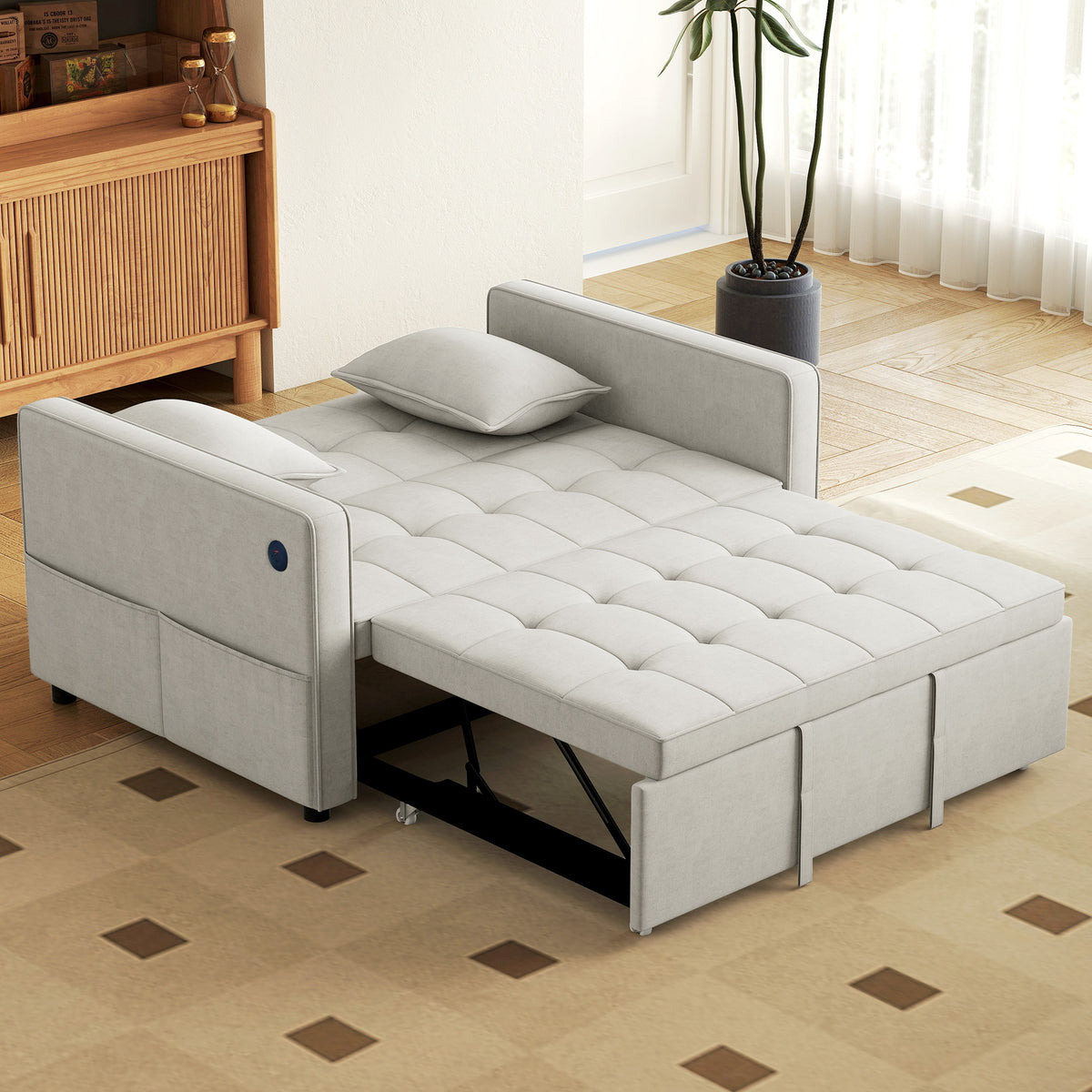 3-in-1 Convertible Sleeper Sofa Bed with USB Ports - Beige Velvet-Home Furnishings > Living Room Furniture > Sofas & Reclining Chairs > 2-Seater Sofas-DECOROLALA