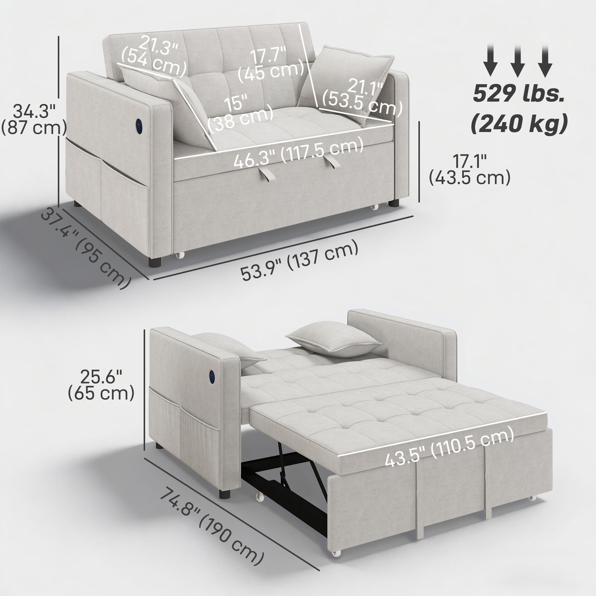 3-in-1 Convertible Sleeper Sofa Bed with USB Ports - Beige Velvet-Loveseat Sofas-DECOROLALA