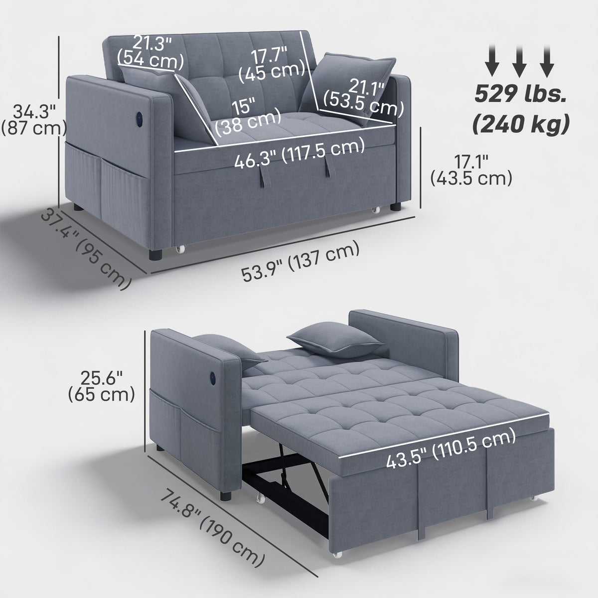 3-in-1 Convertible Sleeper Sofa Bed with USB Ports - Dark Grey-Home Furnishings > Living Room Furniture > Sofas & Reclining Chairs > 2-Seater Sofas-DECOROLALA